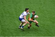 28 June 2025; Hugh McFadden of Donegal in action against Gary Mohan of Monaghan during the GAA Football All-Ireland Senior Championship quarter-final match between Monaghan and Donegal at Croke Park in Dublin. Photo by Daire Brennan/Sportsfile
