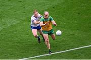 28 June 2025; Michael Murphy of Donegal in action against Kieran Duffy of Monaghan during the GAA Football All-Ireland Senior Championship quarter-final match between Monaghan and Donegal at Croke Park in Dublin. Photo by Daire Brennan/Sportsfile
