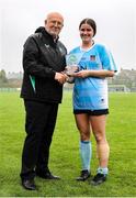 28 June 2025; Chloe Tennyson of Callan United is presented with the player of the match award by FAI director of competitions Fran Gavin after the FAI Women's Under-17 Cup final match between Athenry FC and Callan United at Fairview Rangers AFC in Limerick. Photo by Thomas Flinkow/Sportsfile