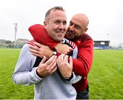 28 June 2025; Callan United manager Dwayne Tennyson celebrates after the FAI Women's Under-17 Cup final match between Athenry FC and Callan United at Fairview Rangers AFC in Limerick. Photo by Thomas Flinkow/Sportsfile