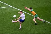 28 June 2025; Mícheál Bannigan of Monaghan in action against Ryan McHugh of Donegal during the GAA Football All-Ireland Senior Championship quarter-final match between Monaghan and Donegal at Croke Park in Dublin. Photo by Daire Brennan/Sportsfile