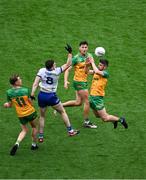 28 June 2025; Ryan McHugh of Donegal in action against Mícheál Bannigan of Monaghan during the GAA Football All-Ireland Senior Championship quarter-final match between Monaghan and Donegal at Croke Park in Dublin. Photo by Daire Brennan/Sportsfile