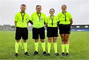 28 June 2025; Match officials, from left, 2nd assistant referee Thomas Clancy, 4th official Tony O'Byrne, referee Lucy O'Sullivan, and 1st assistant referee Ellie O'Sullivan after the FAI Women's Under-17 Cup final match between Athenry FC and Callan United at Fairview Rangers AFC in Limerick. Photo by Thomas Flinkow/Sportsfile