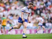 28 June 2025; Mícheál Bannigan of Monaghan celebrates scoring his side's first goal during the GAA Football All-Ireland Senior Championship quarter-final match between Monaghan and Donegal at Croke Park in Dublin. Photo by Piaras Ó Mídheach/Sportsfile