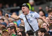 28 June 2025; A Monaghan supporter celebrates a score during the GAA Football All-Ireland Senior Championship quarter-final match between Monaghan and Donegal at Croke Park in Dublin. Photo by David Fitzgerald/Sportsfile