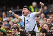 28 June 2025; A Monaghan supporter celebrates a score during the GAA Football All-Ireland Senior Championship quarter-final match between Monaghan and Donegal at Croke Park in Dublin. Photo by David Fitzgerald/Sportsfile