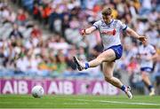 28 June 2025; Mícheál Bannigan of Monaghan shoots to score his side's first goal during the GAA Football All-Ireland Senior Championship quarter-final match between Monaghan and Donegal at Croke Park in Dublin. Photo by Piaras Ó Mídheach/Sportsfile