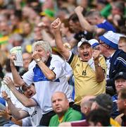 28 June 2025; Monaghan supporters celebrate their side's first goal during the GAA Football All-Ireland Senior Championship quarter-final match between Monaghan and Donegal at Croke Park in Dublin. Photo by David Fitzgerald/Sportsfile