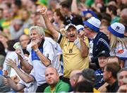 28 June 2025; Monaghan supporters celebrate their side's first goal during the GAA Football All-Ireland Senior Championship quarter-final match between Monaghan and Donegal at Croke Park in Dublin. Photo by David Fitzgerald/Sportsfile