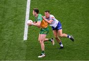 28 June 2025; Eoghan Bán Gallagher of Donegal in action against Ryan Wylie of Monaghan during the GAA Football All-Ireland Senior Championship quarter-final match between Monaghan and Donegal at Croke Park in Dublin. Photo by Daire Brennan/Sportsfile