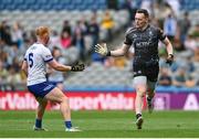 28 June 2025; Monaghan goalkeeper Rory Beggan celebrates with Ryan O'Toole after kicking a two point score during the GAA Football All-Ireland Senior Championship quarter-final match between Monaghan and Donegal at Croke Park in Dublin. Photo by David Fitzgerald/Sportsfile
