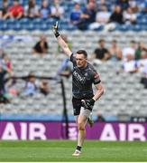 28 June 2025; Monaghan goalkeeper Rory Beggan celebrates after kicking a two point score during the GAA Football All-Ireland Senior Championship quarter-final match between Monaghan and Donegal at Croke Park in Dublin. Photo by David Fitzgerald/Sportsfile