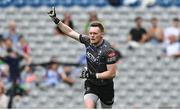 28 June 2025; Monaghan goalkeeper Rory Beggan celebrates after kicking a two point score during the GAA Football All-Ireland Senior Championship quarter-final match between Monaghan and Donegal at Croke Park in Dublin. Photo by David Fitzgerald/Sportsfile