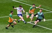 28 June 2025; Stephen O'Hanlon of Monaghan has his shot saved by Donegal goalkeeper Shaun Patton during the GAA Football All-Ireland Senior Championship quarter-final match between Monaghan and Donegal at Croke Park in Dublin. Photo by Daire Brennan/Sportsfile