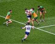 28 June 2025; Gary Mohan of Monaghan in action against Brendan McCole of Donegal during the GAA Football All-Ireland Senior Championship quarter-final match between Monaghan and Donegal at Croke Park in Dublin. Photo by Daire Brennan/Sportsfile