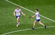 28 June 2025; Mícheál Bannigan of Monaghan, left, celebrates with team-mate Ciarán McNulty, after scoring his side's first goal during the GAA Football All-Ireland Senior Championship quarter-final match between Monaghan and Donegal at Croke Park in Dublin. Photo by Daire Brennan/Sportsfile