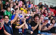 28 June 2025; New York supporters react during the Football Division 1 semi-final match between New York and Kilcummin at the John West Féile Peile na nÓg Gaelic Football and LGFA National Finals at Derry GAA Centre of Excellence in Owenbeg, Derry. Photo by Shauna Clinton/Sportsfile