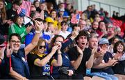 28 June 2025; New York supporters react during the Football Division 1 semi-final match between New York and Kilcummin at the John West Féile Peile na nÓg Gaelic Football and LGFA National Finals at Derry GAA Centre of Excellence in Owenbeg, Derry. Photo by Shauna Clinton/Sportsfile