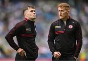 28 June 2025; Ruairí Canavan, left, and Peter Harte of Tyrone before the GAA Football All-Ireland Senior Championship quarter-final match between Dublin and Tyrone at Croke Park in Dublin. Photo by David Fitzgerald/Sportsfile