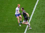28 June 2025; Monaghan goalkeeper Rory Beggan celebrates with team-mate Ryan O'Toole, after scoring a two pointer during the GAA Football All-Ireland Senior Championship quarter-final match between Monaghan and Donegal at Croke Park in Dublin. Photo by Daire Brennan/Sportsfile