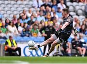 28 June 2025; Monaghan goalkeeper Rory Beggan scores a two-pointer from play after the first half hooter during the GAA Football All-Ireland Senior Championship quarter-final match between Monaghan and Donegal at Croke Park in Dublin. Photo by Piaras Ó Mídheach/Sportsfile
