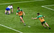 28 June 2025; Michael Langan, left, celebrates with team-mate Ryan McHugh of Donegal, after scoring his side's first goal during the GAA Football All-Ireland Senior Championship quarter-final match between Monaghan and Donegal at Croke Park in Dublin. Photo by Daire Brennan/Sportsfile