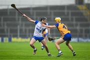 28 June 2025; Jamie Shanahan of Waterford is tackled by Zak Phelan of Clare during the Electric Ireland GAA Hurling All-Ireland Minor Championship final match between Waterford and Clare at FBD Semple Stadium in Thurles, Tipperary. Photo by Brendan Moran/Sportsfile