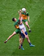 28 June 2025; Andrew Woods of Monaghan in action against Michael Langan of Donegal during the GAA Football All-Ireland Senior Championship quarter-final match between Monaghan and Donegal at Croke Park in Dublin. Photo by Daire Brennan/Sportsfile