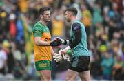 28 June 2025; Eoghan Bán Gallagher of Donegal and team mate Donegal goalkeeper Shaun Patton after the GAA Football All-Ireland Senior Championship quarter-final match between Monaghan and Donegal at Croke Park in Dublin. Photo by Ray McManus/Sportsfile