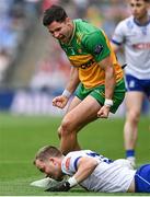 28 June 2025; Brendan McCole of Donegal celebrates towards Jack McCarron of Monaghan during the GAA Football All-Ireland Senior Championship quarter-final match between Monaghan and Donegal at Croke Park in Dublin. Photo by David Fitzgerald/Sportsfile