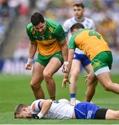 28 June 2025; Brendan McCole of Donegal celebrates towards Jack McCarron of Monaghan during the GAA Football All-Ireland Senior Championship quarter-final match between Monaghan and Donegal at Croke Park in Dublin. Photo by David Fitzgerald/Sportsfile