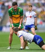 28 June 2025; Brendan McCole of Donegal celebrates towards Jack McCarron of Monaghan during the GAA Football All-Ireland Senior Championship quarter-final match between Monaghan and Donegal at Croke Park in Dublin. Photo by David Fitzgerald/Sportsfile