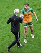 28 June 2025; Peadar Mogan of Donegal celebrates with Jim McGuinness after the GAA Football All-Ireland Senior Championship quarter-final match between Monaghan and Donegal at Croke Park in Dublin. Photo by Daire Brennan/Sportsfile