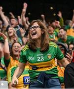 28 June 2025; A Donegal supporter reacts during the GAA Football All-Ireland Senior Championship quarter-final match between Monaghan and Donegal at Croke Park in Dublin. Photo by David Fitzgerald/Sportsfile
