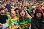 28 June 2025; A Donegal supporter reacts during the GAA Football All-Ireland Senior Championship quarter-final match between Monaghan and Donegal at Croke Park in Dublin. Photo by David Fitzgerald/Sportsfile