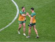 28 June 2025; Donegal players, Brendan McCole, left, and Michael Langan, celebrate after the GAA Football All-Ireland Senior Championship quarter-final match between Monaghan and Donegal at Croke Park in Dublin. Photo by Daire Brennan/Sportsfile