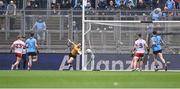 28 June 2025; Tyrone goalkeeper Niall Morgan makes a save from Cormac Costello of Dublin during the GAA Football All-Ireland Senior Championship quarter-final match between Dublin and Tyrone at Croke Park in Dublin. Photo by Piaras Ó Mídheach/Sportsfile