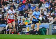 28 June 2025; Eoin Murchan of Dublin in action against Ciarán Daly of Tyrone during the GAA Football All-Ireland Senior Championship quarter-final match between Dublin and Tyrone at Croke Park in Dublin. Photo by Ray McManus/Sportsfile