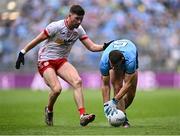28 June 2025; Brian Howard of Dublin in action against Ciarán Daly of Tyrone during the GAA Football All-Ireland Senior Championship quarter-final match between Dublin and Tyrone at Croke Park in Dublin. Photo by Piaras Ó Mídheach/Sportsfile