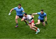 28 June 2025; Darragh Canavan of Tyrone in action against Brian Howard, left, and Lee Gannon of Dublin during the GAA Football All-Ireland Senior Championship quarter-final match between Dublin and Tyrone at Croke Park in Dublin. Photo by Daire Brennan/Sportsfile