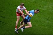 28 June 2025; Cormac Costello of Dublin in action against Cormac Quinn of Tyrone during the GAA Football All-Ireland Senior Championship quarter-final match between Dublin and Tyrone at Croke Park in Dublin. Photo by Daire Brennan/Sportsfile