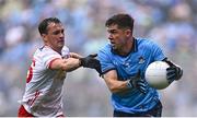 28 June 2025; David Byrne of Dublin in action against Darragh Canavan of Tyrone during the GAA Football All-Ireland Senior Championship quarter-final match between Dublin and Tyrone at Croke Park in Dublin. Photo by Piaras Ó Mídheach/Sportsfile