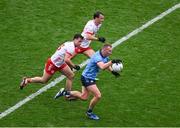 28 June 2025; Ciarán Kilkenny of Dublin in action against Darren McCurry of Tyrone during the GAA Football All-Ireland Senior Championship quarter-final match between Dublin and Tyrone at Croke Park in Dublin. Photo by Daire Brennan/Sportsfile