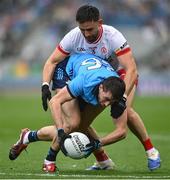 28 June 2025; Brian O'Leary of Dublin in action against Padraig Hampsey of Tyrone during the GAA Football All-Ireland Senior Championship quarter-final match between Dublin and Tyrone at Croke Park in Dublin. Photo by David Fitzgerald/Sportsfile