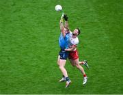 28 June 2025; Peadar Ó Cofaigh Byrne of Dublin in action against Brian Kennedy of Tyrone during the GAA Football All-Ireland Senior Championship quarter-final match between Dublin and Tyrone at Croke Park in Dublin. Photo by Daire Brennan/Sportsfile