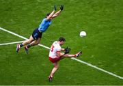 28 June 2025; Darren McCurry of Tyrone in action against David Byrne of Dublin during the GAA Football All-Ireland Senior Championship quarter-final match between Dublin and Tyrone at Croke Park in Dublin. Photo by Daire Brennan/Sportsfile