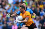 28 June 2025; Tyrone goalkeeper Niall Morgan prepares to clear under pressure from Cormac Costello of Dublin during the GAA Football All-Ireland Senior Championship quarter-final match between Dublin and Tyrone at Croke Park in Dublin. Photo by Ray McManus/Sportsfile