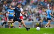 28 June 2025; Dublin goalkeeper Stephen Cluxton  kicks a '45'  during the GAA Football All-Ireland Senior Championship quarter-final match between Dublin and Tyrone at Croke Park in Dublin. Photo by Ray McManus/Sportsfile