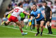 28 June 2025; Brian Howard of Dublin in action against Darragh Canavan of Tyrone during the GAA Football All-Ireland Senior Championship quarter-final match between Dublin and Tyrone at Croke Park in Dublin. Photo by David Fitzgerald/Sportsfile