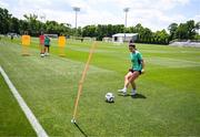 28 June 2025; Marissa Sheva plays footgolf during a Republic of Ireland women training session at Mercy Health Training Center in Cincinnati, Ohio, USA. Photo by Stephen McCarthy/Sportsfile